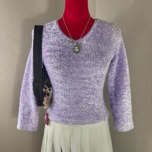 Vintage 90s Lavender Purple Fuzzy Cropped Long Sleeve V-Neck Top Amy Byer Large